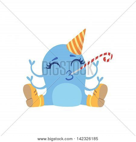 Blue Friendly Monster In Boots And Hat Cute Childish Sticker. Flat Cartoon Colorful Alien Character With Party Attributes Isolated On White Background.