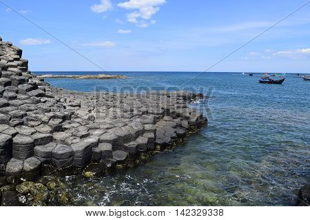 Vietnamese Natural Heritage Ganh Da Dia Sea With Fishing Boats