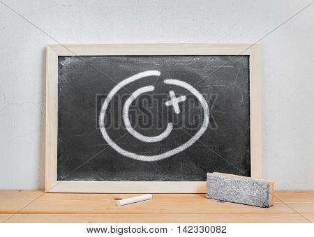 Grade c plus write on dirty blackboard chalk and eraser on wood table over white cement background