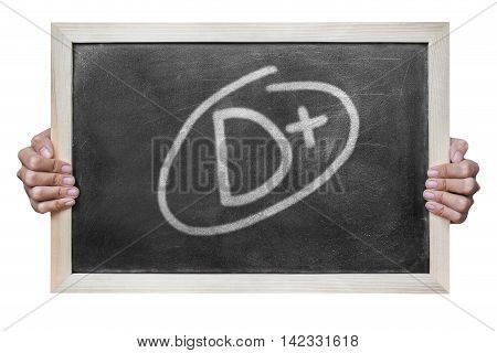 Woman hand hold grade d plus write on dirty blackboard isolated on white background