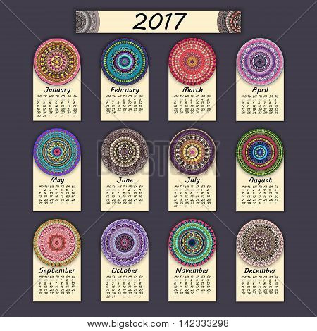 Calendar 2017. Vintage Decorative Colorful Elements. Ornamental Floral Oriental Pattern, Vector Illu