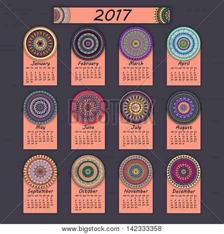 Calendar 2017. Vintage Decorative Colorful Elements. Ornamental Floral Oriental Pattern, Vector Illu