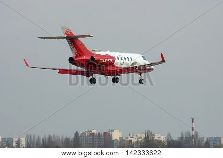 Kiev Ukraine - April 14 2012: Hawker 900XP Business Jet is landing in the city