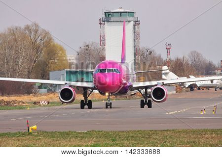 Kiev Ukraine - April 14 2012: Wizz Air Airbus A320 is taxiing to the runway for takeoff