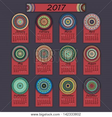 Calendar 2017. Vintage Decorative Colorful Elements. Ornamental Floral Oriental Pattern, Vector Illu