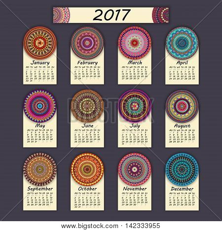 Calendar 2017. Vintage Decorative Colorful Elements. Ornamental Floral Oriental Pattern, Vector Illu