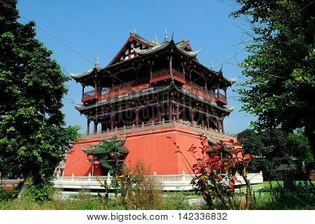 Luo Dai China - October 13 2007: Pavlion of the Five Phoenix pagoda surrounded by a moat in this ancient Hakka town