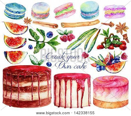 Big set with pastries, food elements. Create your own cake.  Watercolor painting. Cakes macaroons berries and condiment.