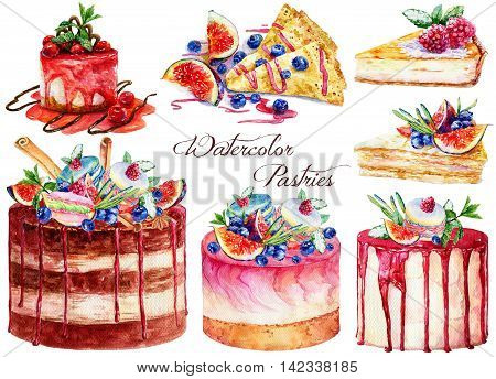 Big set with pastries. Watercolor painting. Cheesecakes cakes piece of pies macaroons berries and condiment.