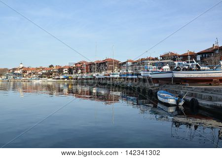 NESSEBAR BULGARIA - MARCH 7 2016 - Panoramic view of Nessebar ancient town on the coast of Black Sea