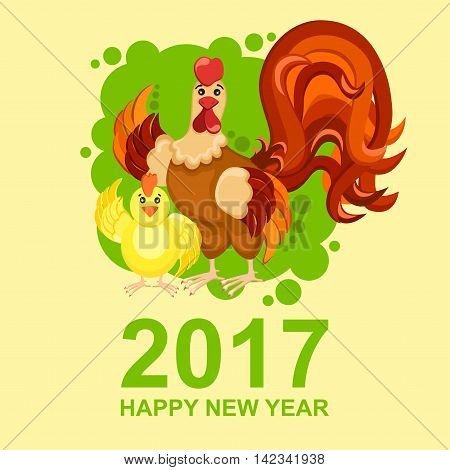 Cartoon rooster. Cock with chicken on a green background.