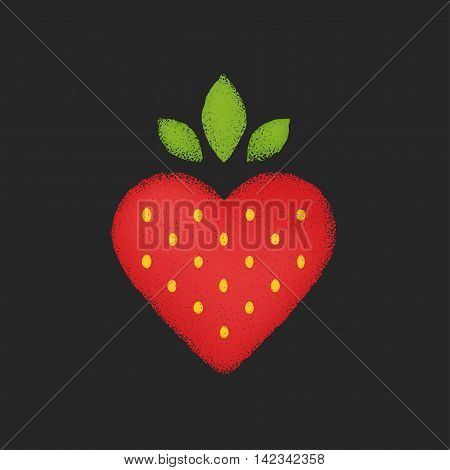 Stylized heart shape strawberry illustration. Vintage texture dark background.