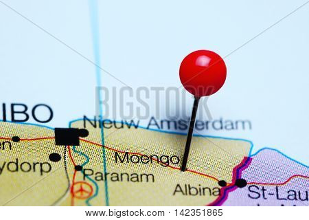 Moengo pinned on a map of Suriname