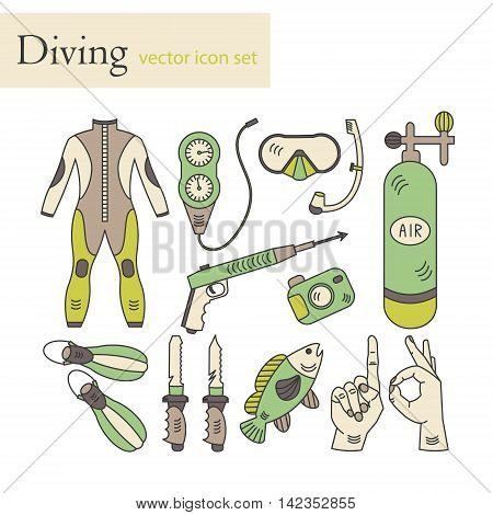 Vector line icons with diving equipment. Linear colored icons of scuba, oxygen balloon, diver knife, harpoon, spear gun, gauge, camera.