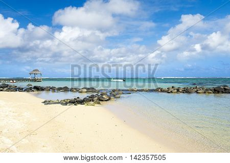 Beautiful tropical rocky beach, Bel Ombre, Mauritius island