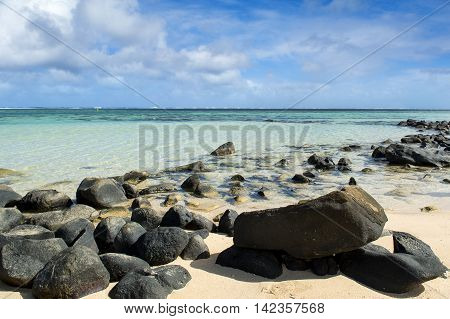 Beautiful tropical rocky beach, Bel Ombre, Mauritius island