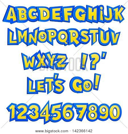 Alphabet and numbers in cartoon style. Vector illustration.