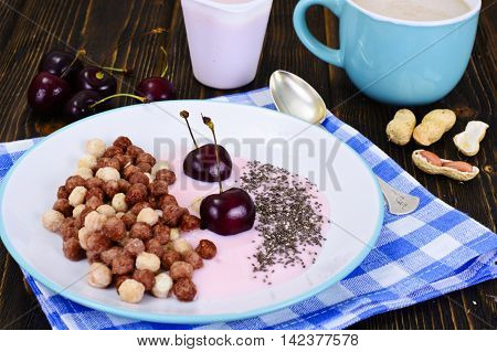 Protein Chocolate Beakfast with Chia Seeds and Peanuts Studio Photo