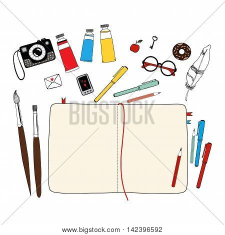 Workspace for creative artist. Top view. Isolated artist materials.