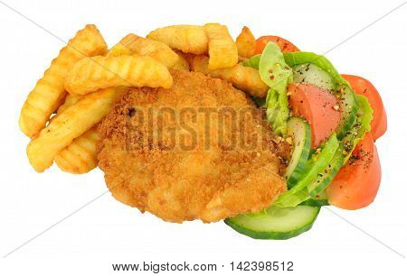 Breaded chicken and chips with salad meal isolated on a white background