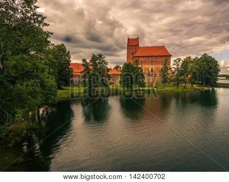 Trakai, Lithuania: Island Castle in the sunset. Historical residence in capital city of Grand Duchy of Lithuania, located in Galve lake