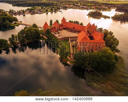 Trakai, Lithuania: Island Castle in the sunset. Historical residence in capital city of Grand Duchy of Lithuania, located in Galve lake