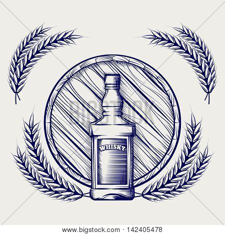 Hand drawn sketch of whisky bottle barrel and wheat ball pen logo vector