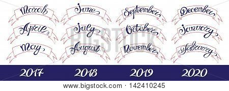 Set labels with hand-drawn lettering months names and namber of year. Vector illustration.