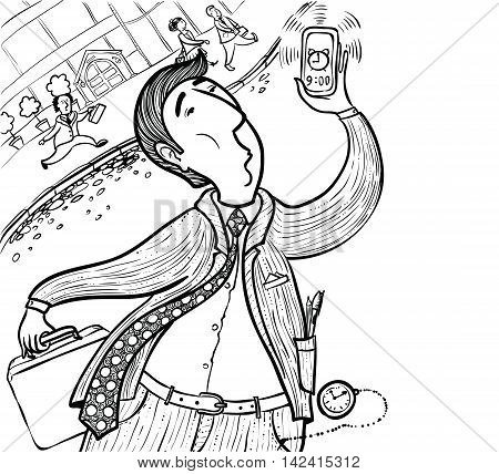 Doodle businessman late for deadline hand-drawing vector illustration