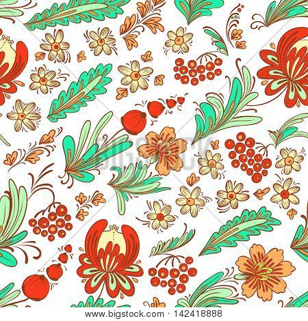 Hand-drawn vactor floral doodle seamless pattern with berries