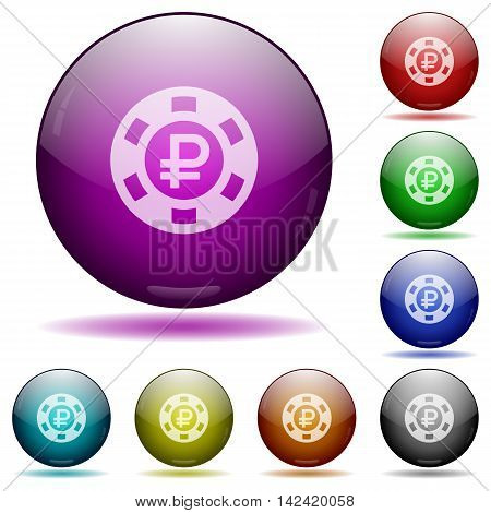 Set of color Ruble casino chip glass sphere buttons with shadows.