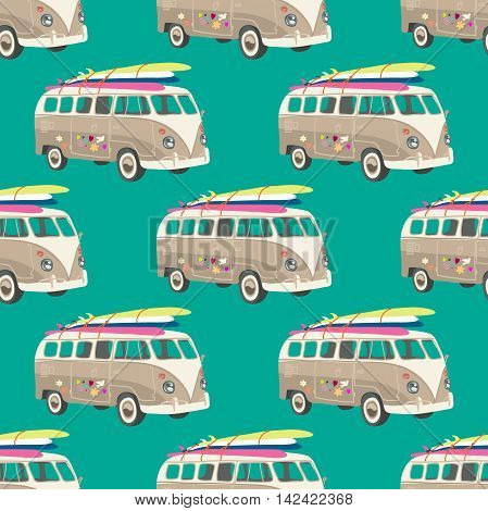Retro pattern with van and surfboard. Summer pattern