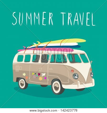 Retro car vith surfboard vector isolated. Summer travel