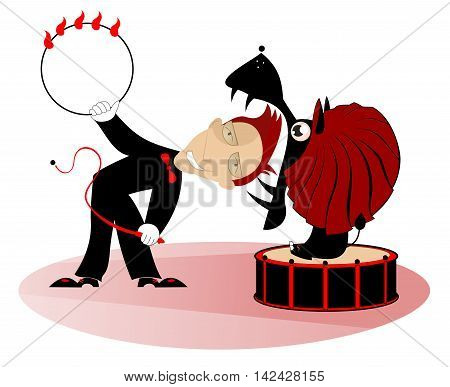 Deadly trick. A tamer is getting his head into a of the jaw lion.