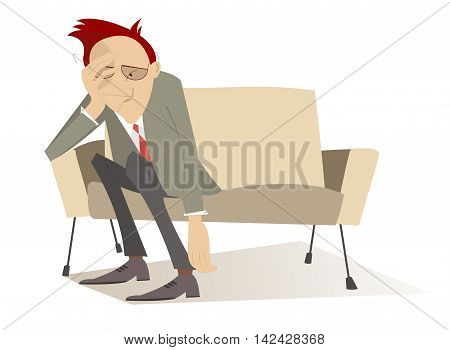 Depression. Man in low spirits sits on the edge sofa and puts hands down