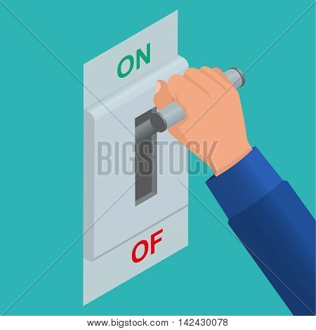 Hand including a knife switch. Electric chain is included. Vector isometric background. Start up