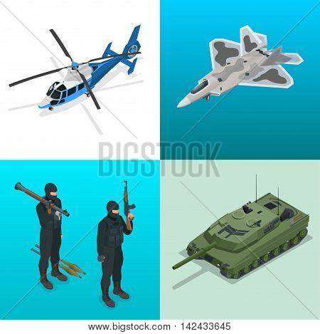 Isometric icons helicopter, aircraft, tank, soldiers. Flat 3d vector high quality military vehicles machinery transport