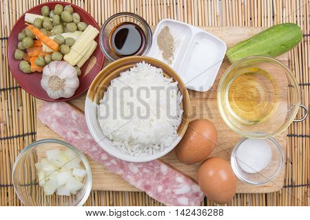 Ingredient of bacon fire rice / cooking fire rice concept