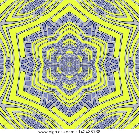 Abstract geometric seamless background. Conspicuous centered ornament in lemon yellow and light gray with purple elements, hexagon pattern.