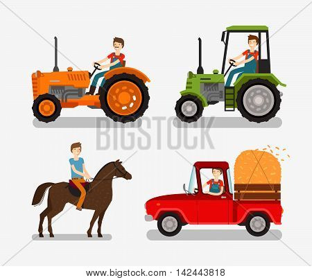 Farm icons set. Cartoon symbol such as tractor, truck, horse, farmer. Vector illustration