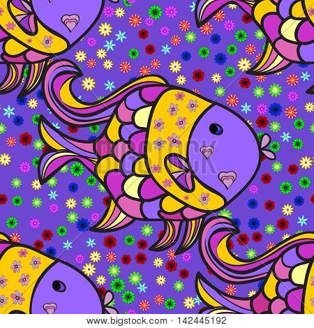 Seamless pattern with colorful fish on dark gradient blue background.