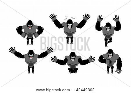 Gorilla Set  Poses. Expression Of Emotions Monkey. Wild Beast And Evil Good. Sad And Happy Animal. B