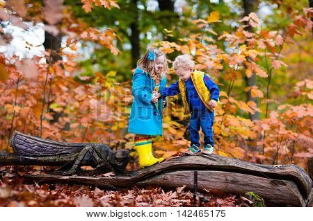 Happy children playing in beautiful autumn park on cold sunny fall day. Kids in warm jackets play with golden leaves.