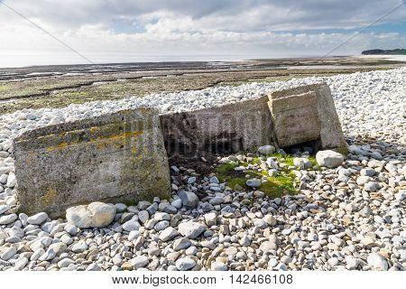 World War Two Pillbox Sinking Into Pebbled Beach, Aberthaw