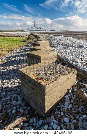 Anti Tank Cubes, Stone World War Two Invasion Defences, Power Station In Distance