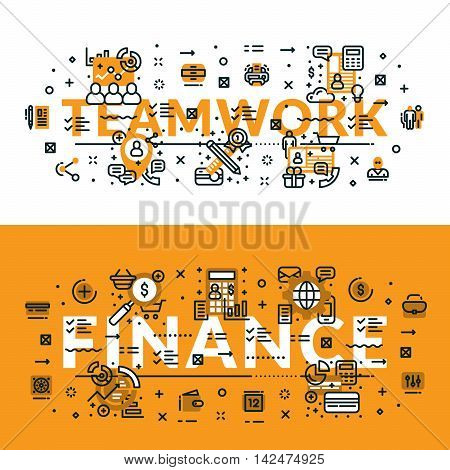 Teamwork And Finance Heading, Title, Web Banner. Horizontal Colored In White And Yellow Flat Vector