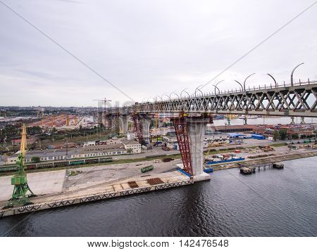 Aerial view of Kanonerskiy island in Saint-Petersburg, Russia with new high beltway