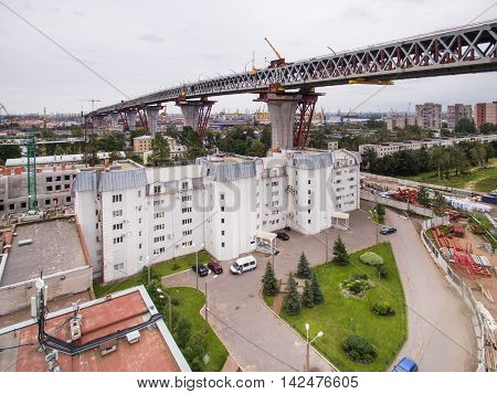Aerial view of Kanonerskiy island in Saint-Petersburg, Russia with new high beltway