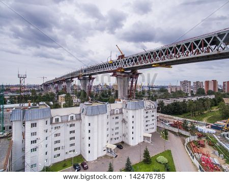 Aerial view of Kanonerskiy island in Saint-Petersburg, Russia with new high beltway