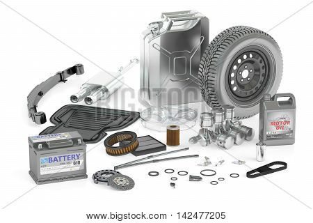 set of car parts 3D rendering isolated on white background